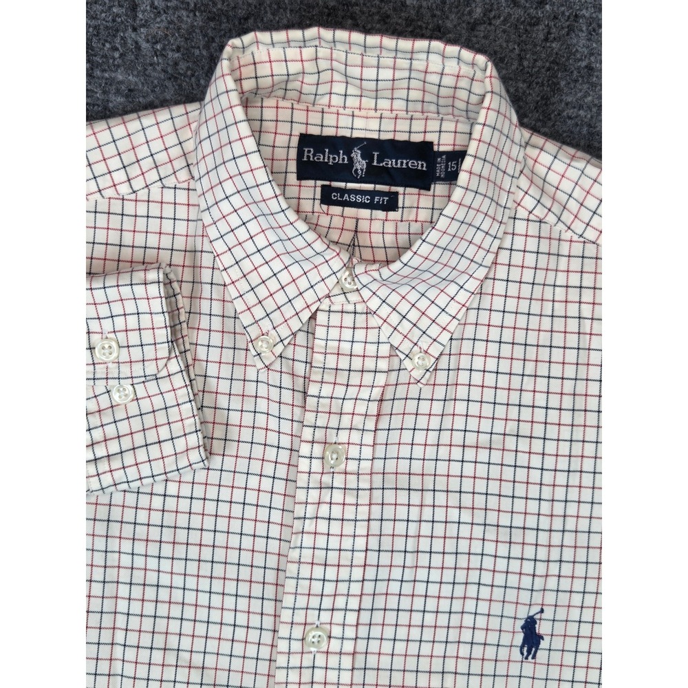 Ralph Lauren Classic Fit Button Down Shirt Mens 15 M Cream Tattersall Check